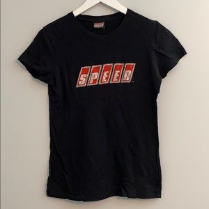 Womens black embelished SPEED Channel T-shirt size small